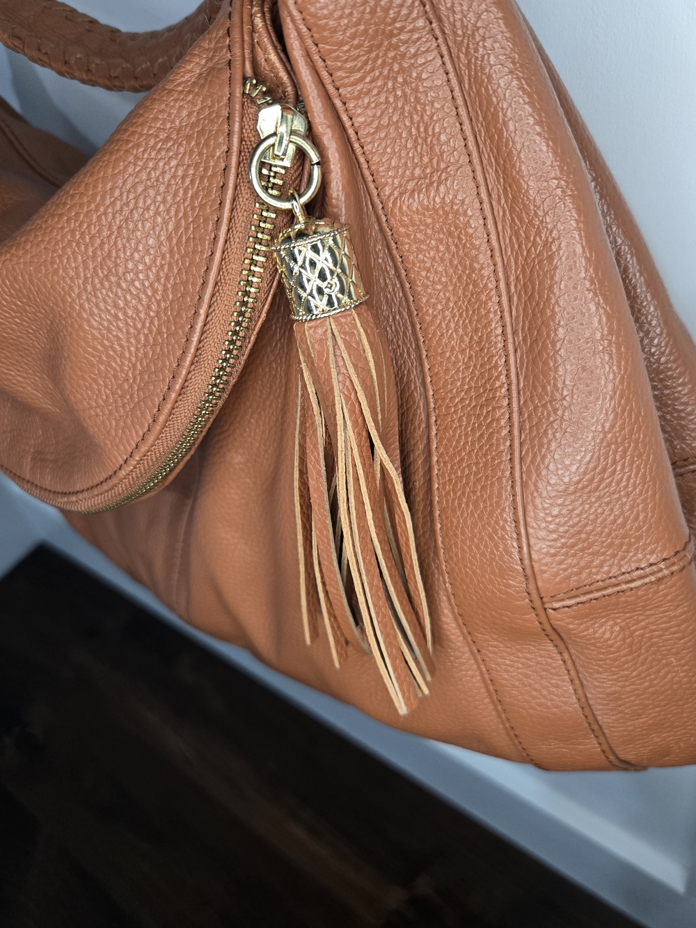 Genuine Leather Tassel Shoulder Hobo Bag in Cognac Tan - Picture 3 of 9